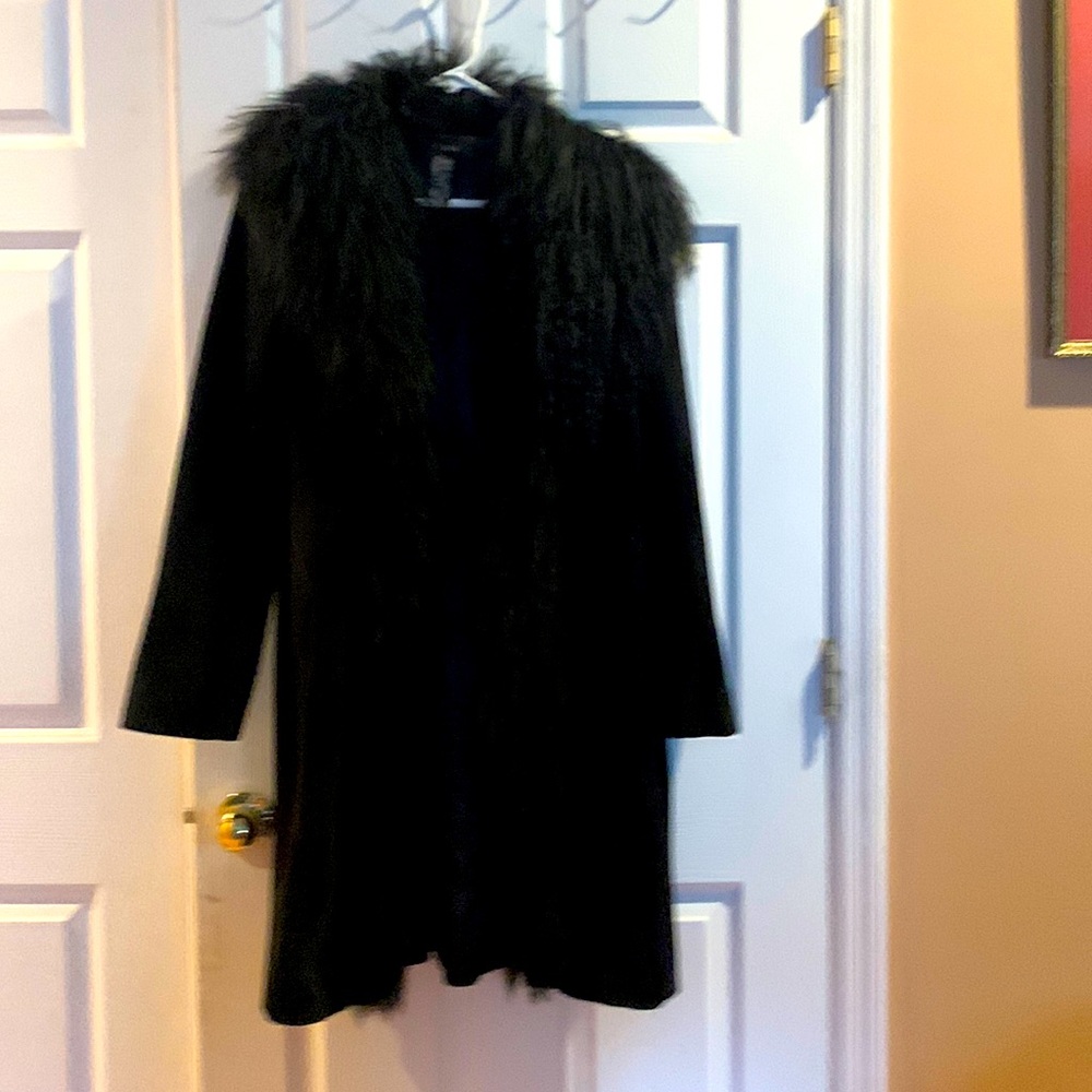 Black opera coat with fake fur on collar and down the front opening
